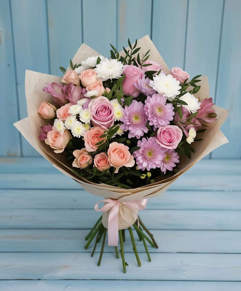 Букет цветов из: Хризантемы, Розы и Альстромерии в Рошале