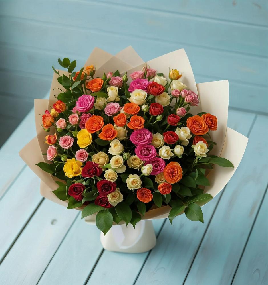 Букет Микс из разноцветных кустовых роз в Рошале